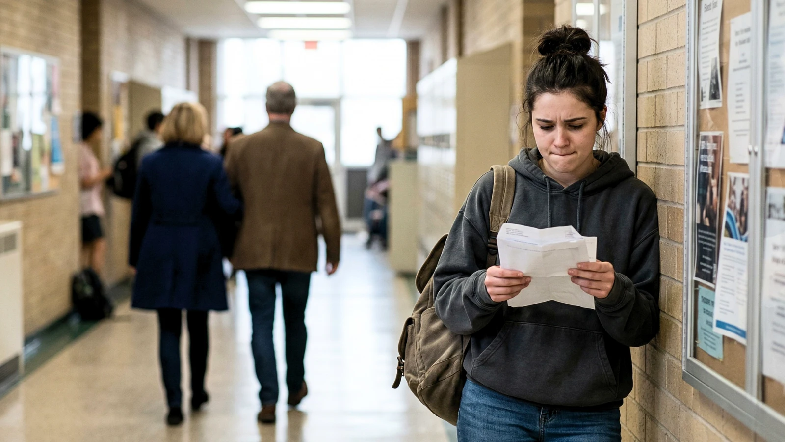 Student reading a bill while parents walk away in the background showing lack of financial support