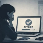 Woman looking at laptop showing job application stuck on applied status with no updates