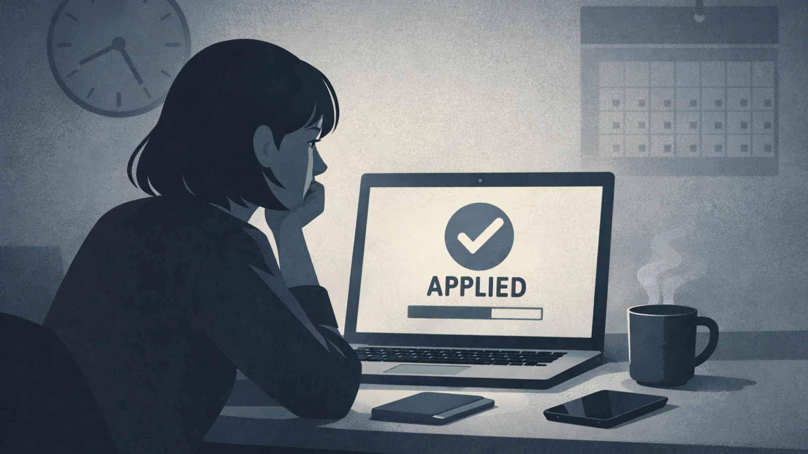 Woman looking at laptop showing job application stuck on applied status with no updates