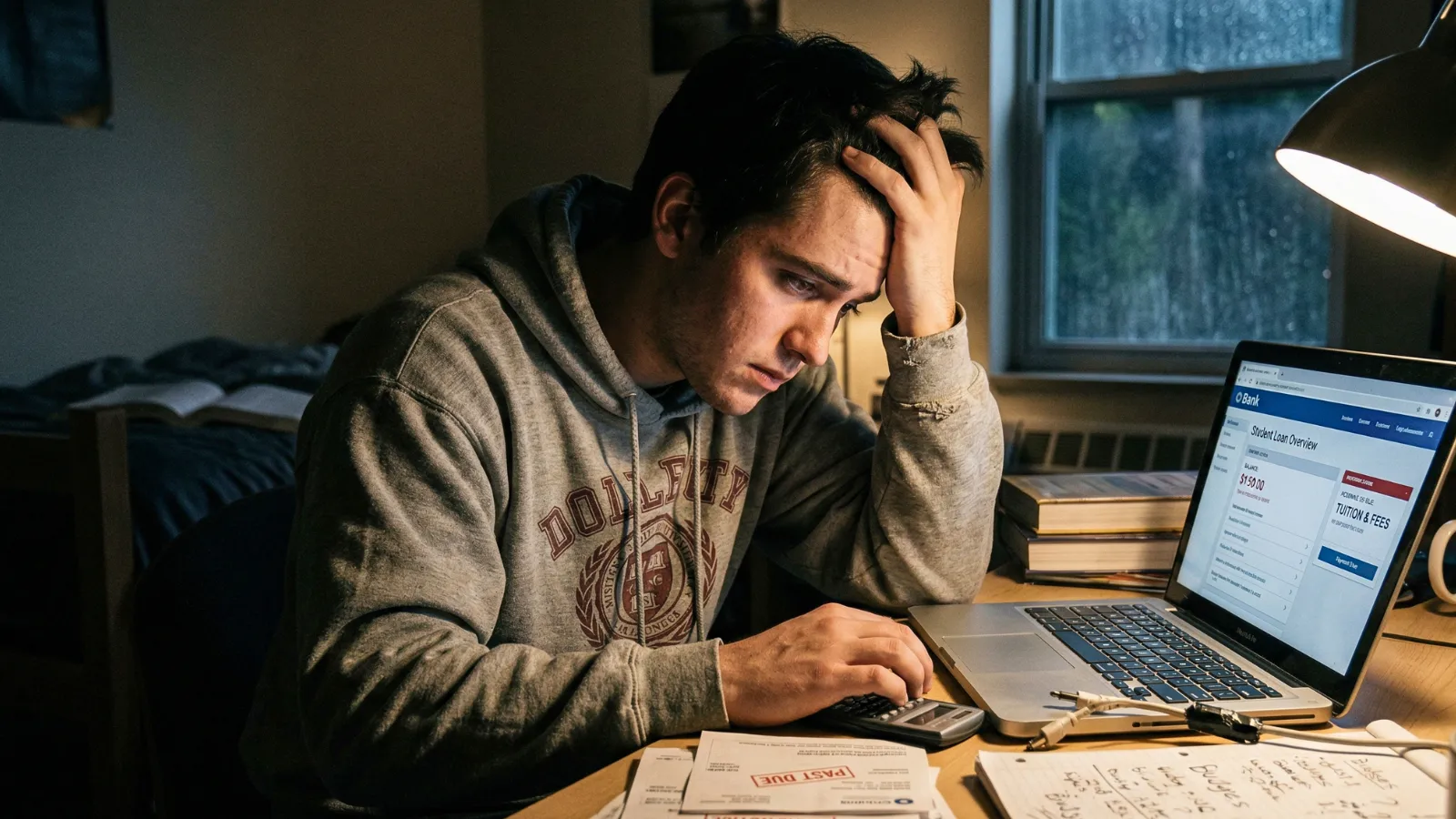 Student dealing with student loan problems and checking loan details on laptop