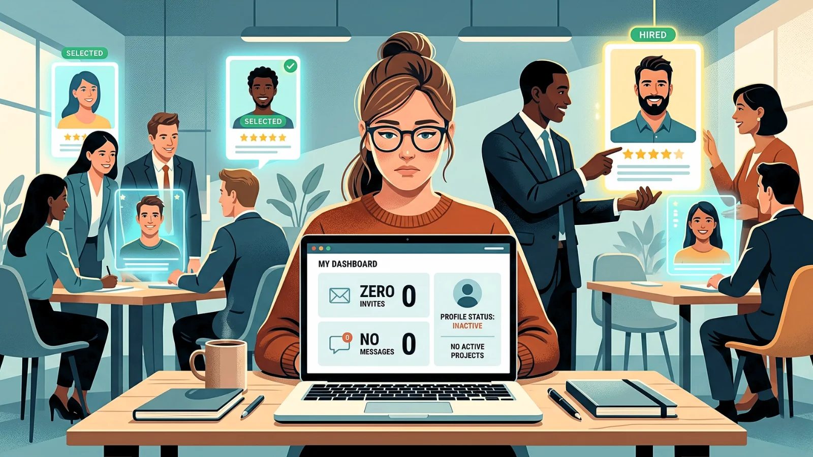 Freelancer looking at laptop showing zero invites and no messages while others get hired in background