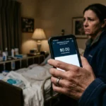 caregiver checking phone showing $0 balance during payment delay