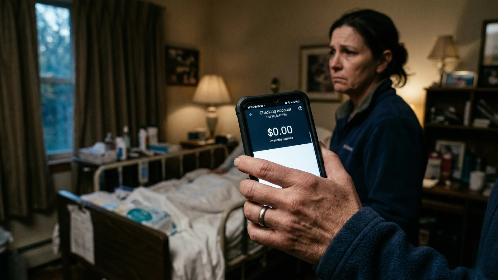caregiver checking phone showing $0 balance during payment delay