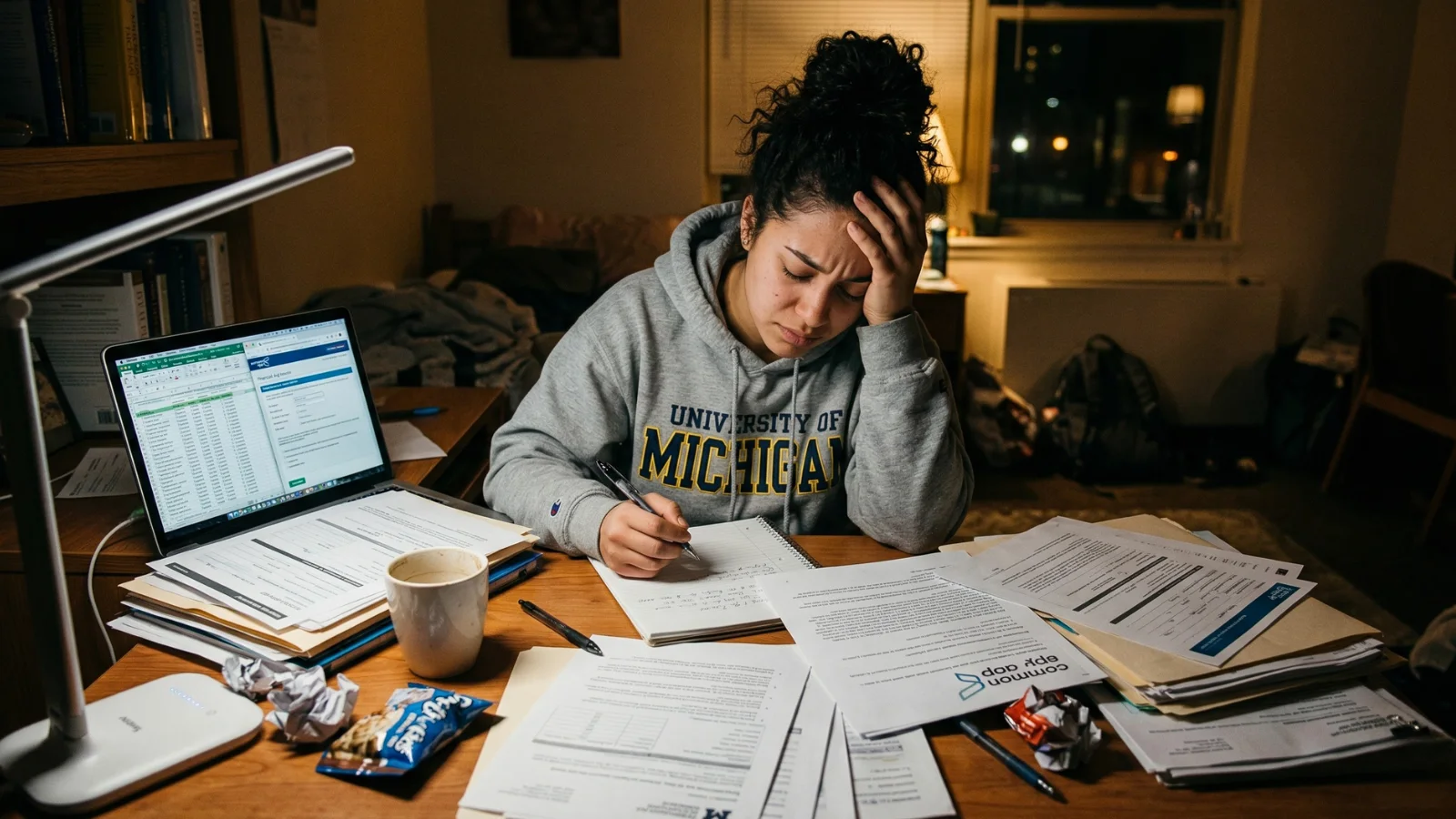 Student dealing with financial aid problems and reviewing paperwork at desk